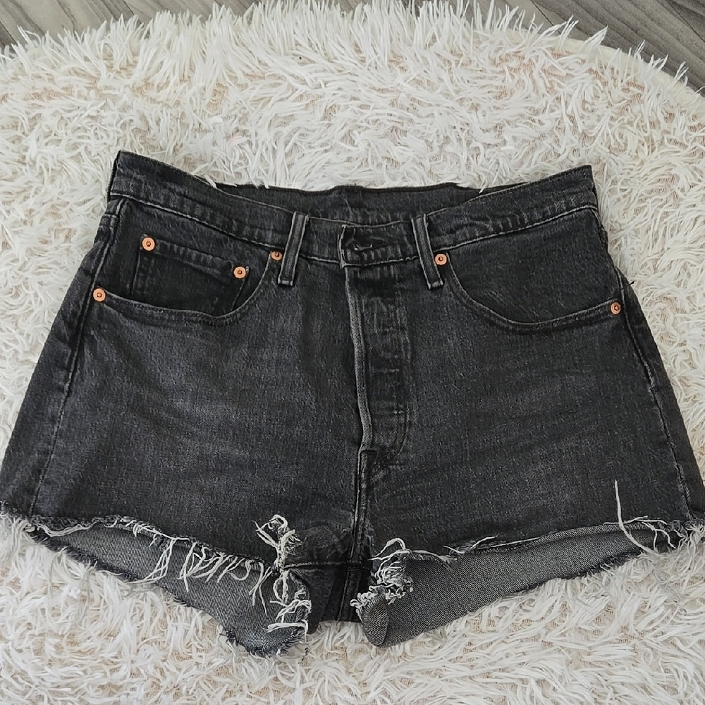 Levis Premium Black Distressed Denim Shorts